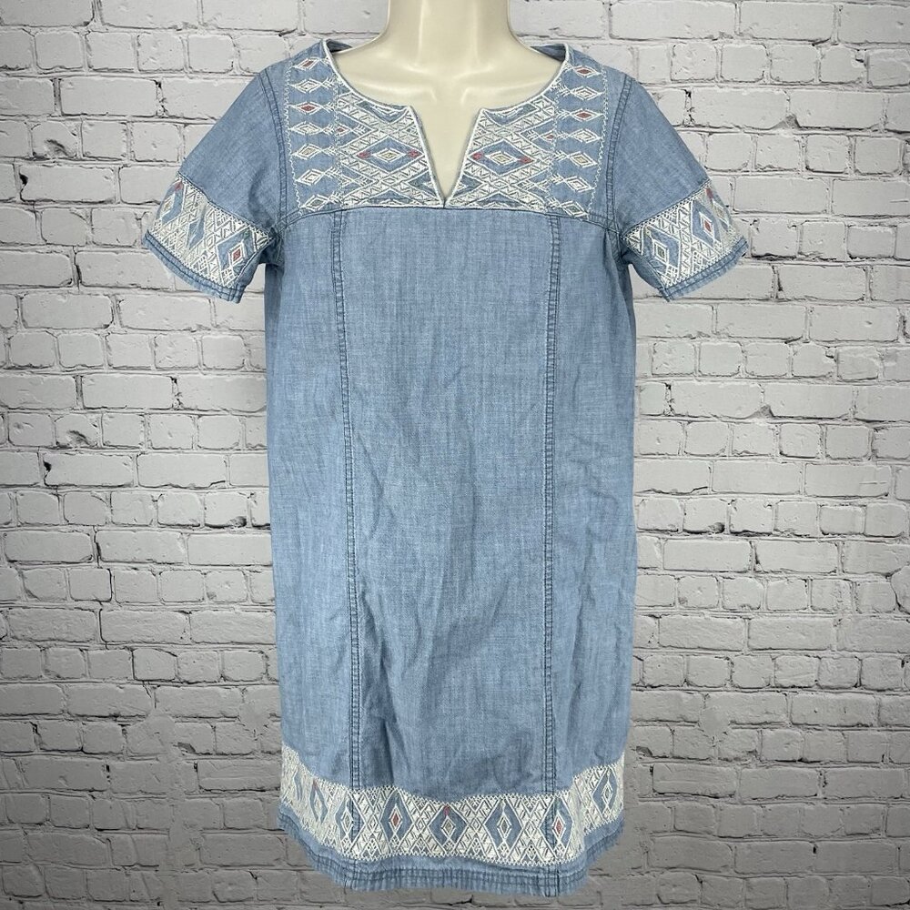 Madewell Blue Chambray Embroidered Lightweight Short Sleeve Tunic Dress Size XS